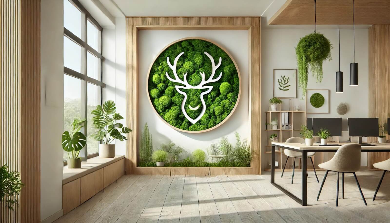 Logo z mchu oraz drewna to uzupełnienie biura firmy Logo w drewnianej ramie jako naturalne połączenie mchu i drewna