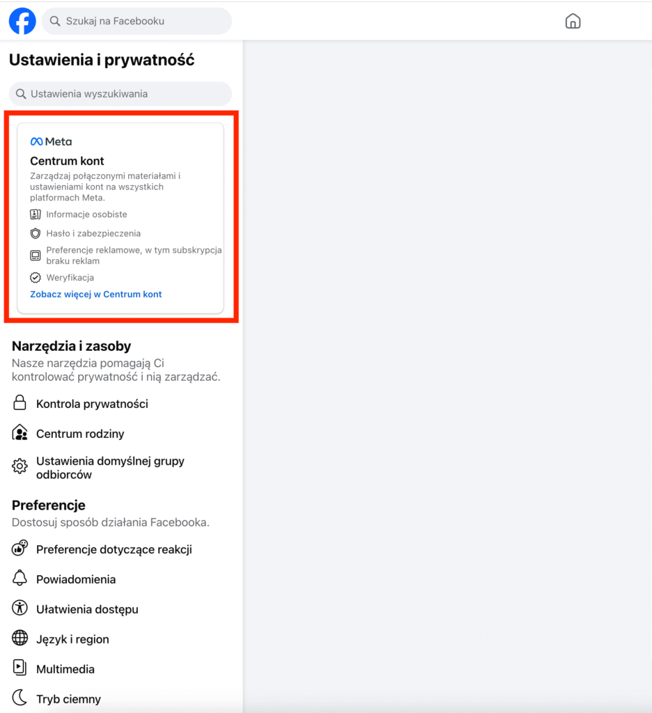 Centrum kont na FB z przeglądarki Jak usunąć konto na Facebooku? Centrum kont na desktop