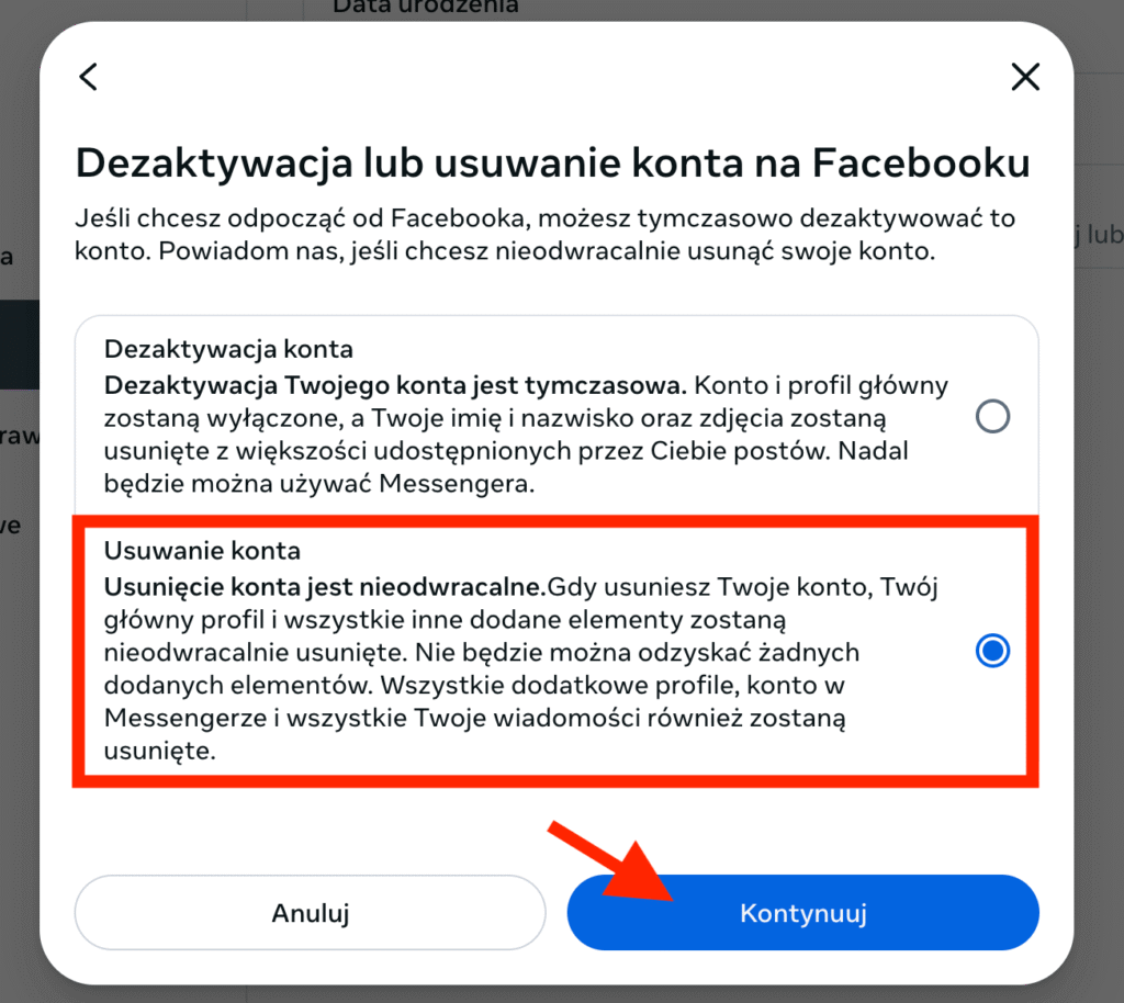 Jak usunąć konto na Facebooku? Ostatni krok na desktop Trwałe usuwanie konta na FB z przeglądarki