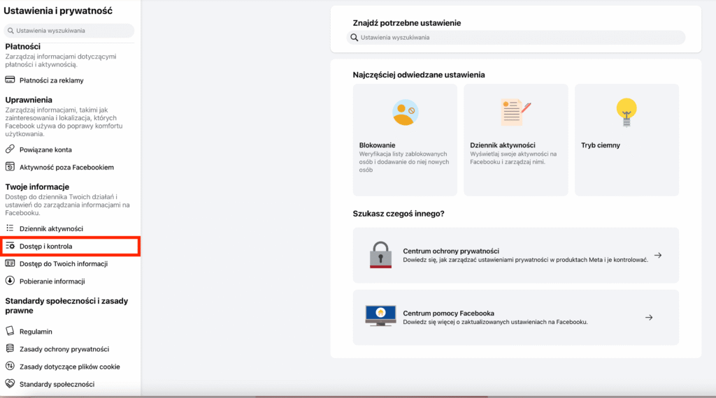 Jak usunąć konto na Facebooku? Opcje "Dostęp i kontrola" Dostęp do strony na Facebooku z przeglądarki