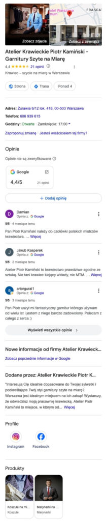 wizytówka atelier krawieckiego w google profil firmy w google na przykładzie atelier krawieckiego