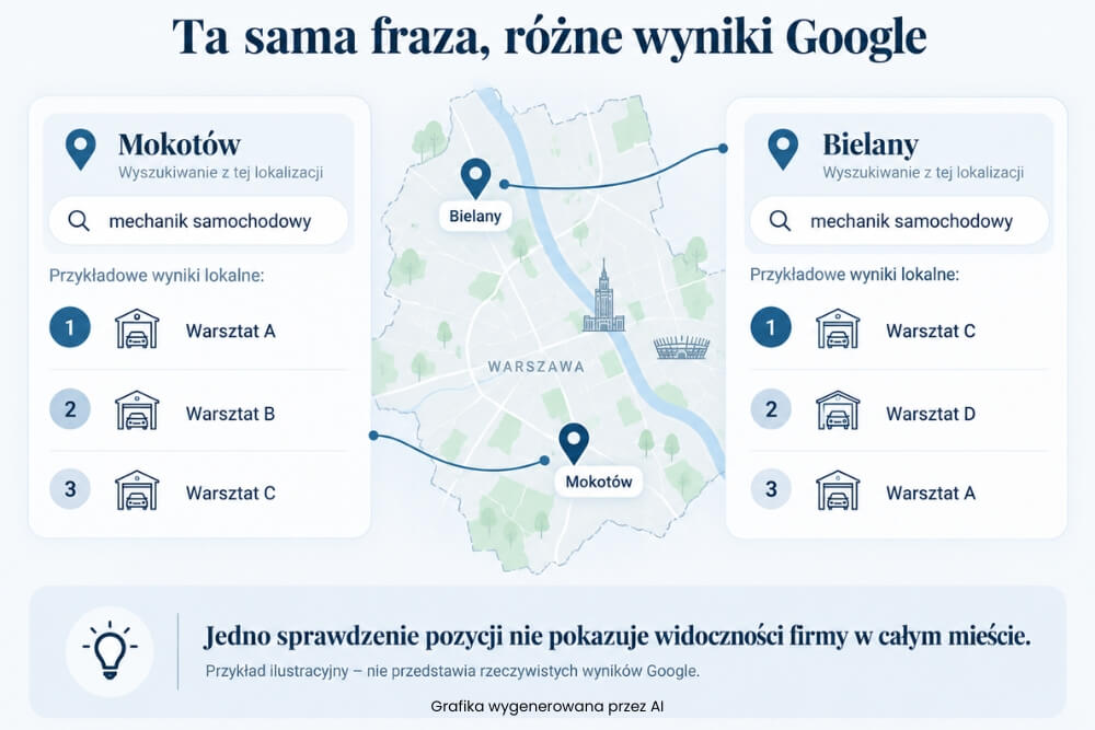 przykład wyników z różnych lokalizacji dla tej samej frazy