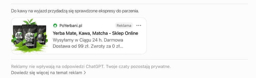 reklama w ChatGPT pod konwersacją reklamy w ChatGPT na przykładzie sklepu z kawą i herbatą