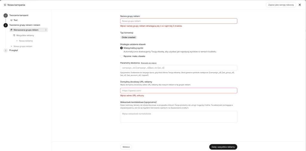 reklamy w ChatGPT na przykładzie dodawania grupy reklam dodawanie grupy reklam w ChatGPT