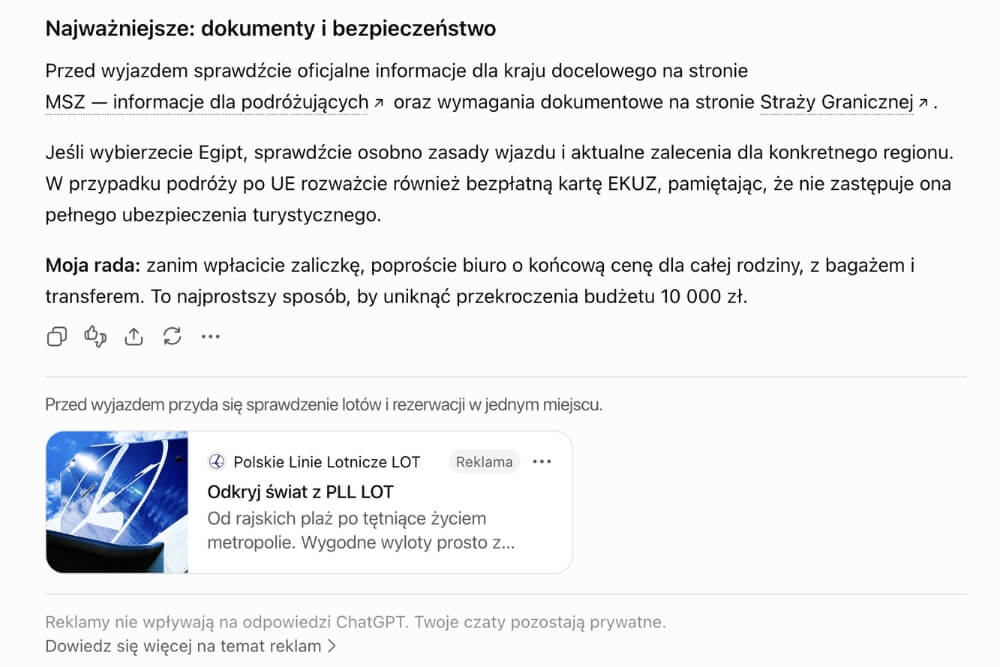 reklama w ChatGPT - PLL LOT reklamy w ChatGPT na przykładzie PLL LOT