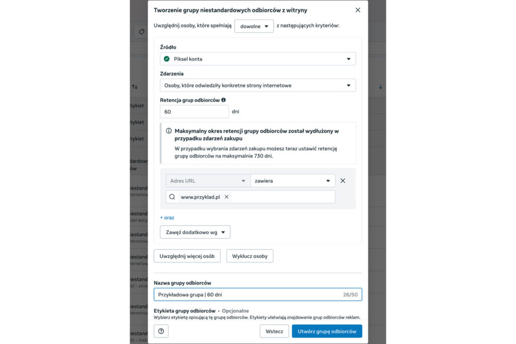dodawanie grupy odbiorców na podstawie wizyt w witrynie w meta remarketing na facebooku na przykładzie grupy odwiedzającej stronę www